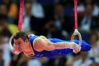 Arthur Nabarrete Zanetti of Brazil competes on the Artistic Gymnastics Men's Rings on Day 10 of the London 2012 Olympic Games at North Greenwich Arena on August 6, 2012 in London, England. (Photo by Phil Walter/Getty Images)