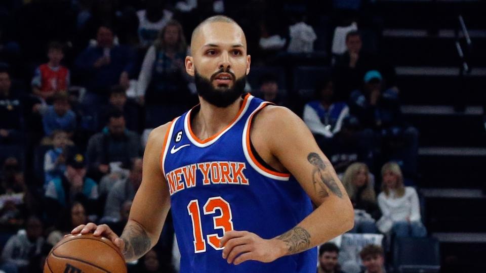 Oct 19, 2022; Memphis, Tennessee, USA; New York Knicks guard Evan Fournier (13) dribbles during the first half against the Memphis Grizzlies at FedExForum. Mandatory Credit: Petre Thomas-USA TODAY Sports