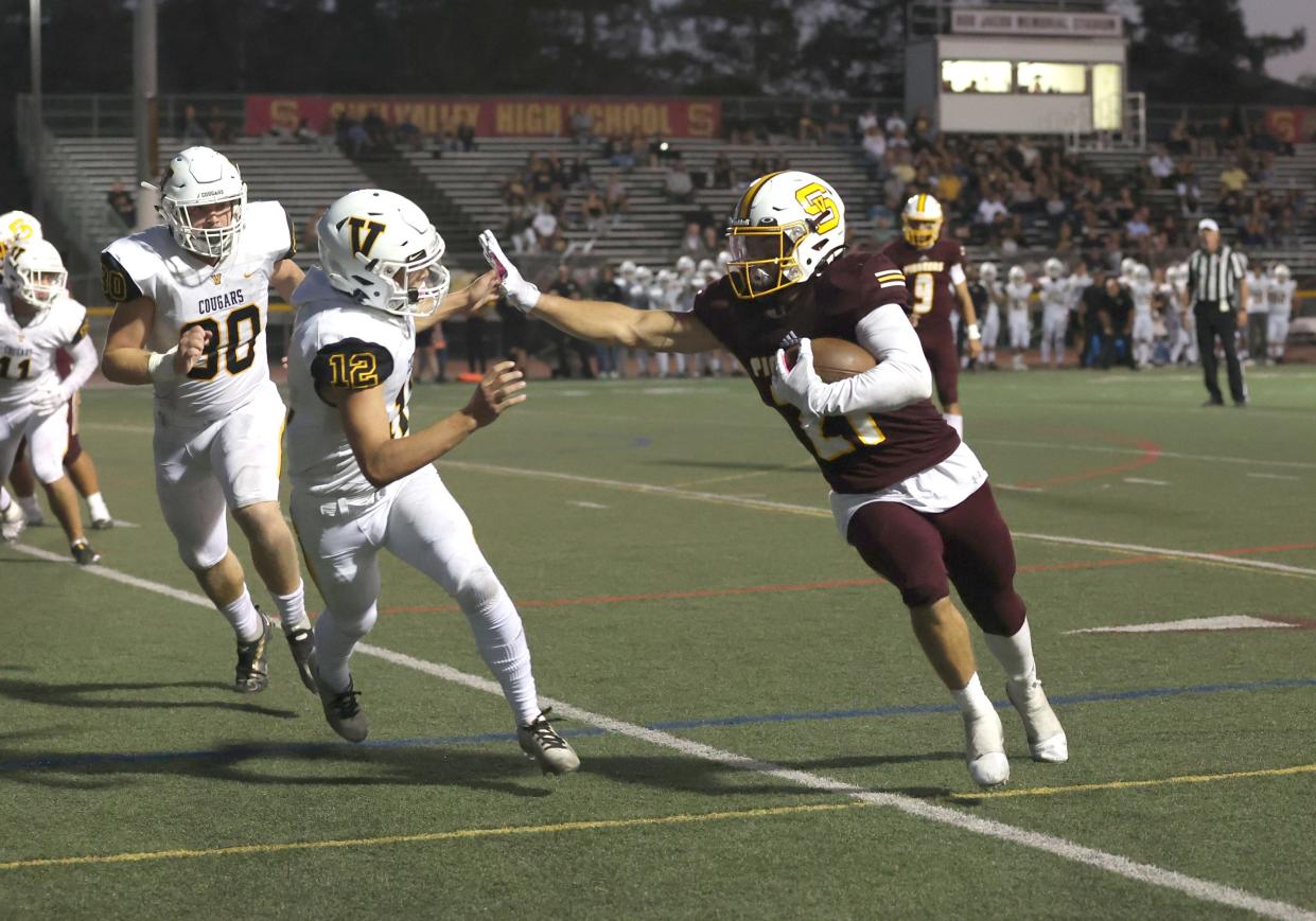 Police responded to Simi Valley High's football stadium twice overnight for unrelated incidents: a fight during Friday night's game and, early Saturday, a fireworks explosion that left burn marks and an indentation in the field, authorities said.
