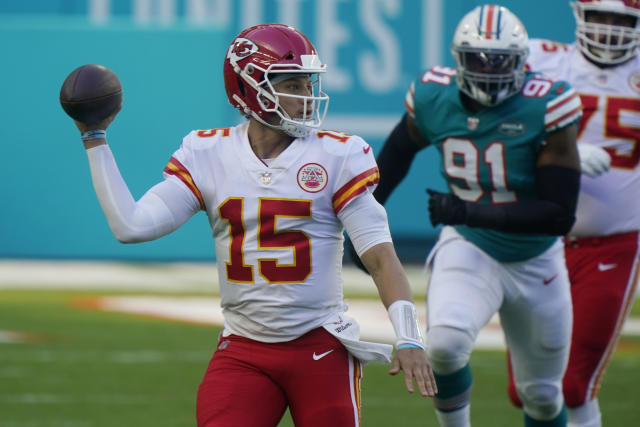 Kansas City Chiefs quarterback Patrick Mahomes (15) is sacked by