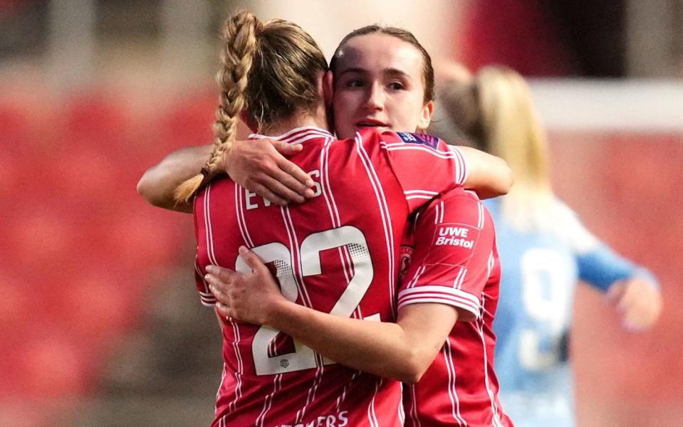 Bristol City's Lisa Evans and Jasmine Bull's embrace after their 4-0 home defeat to Manchester City confirmed their relegation from the WSL