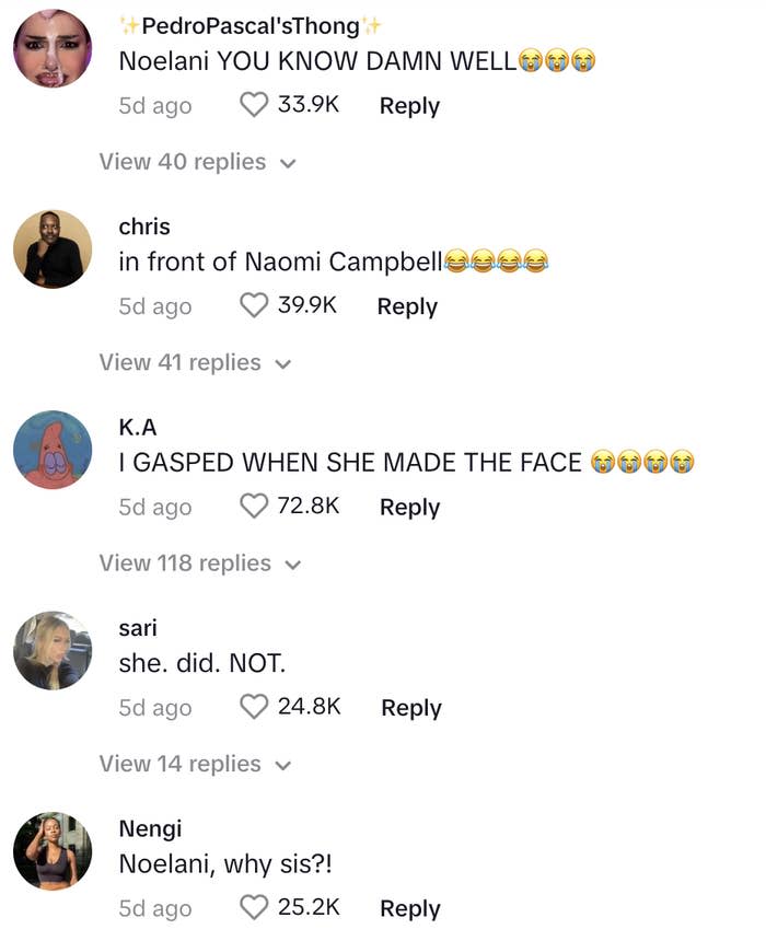 Comments under a post with reactions to Naomi Campbell's photo, displaying shock, admiration, and humor