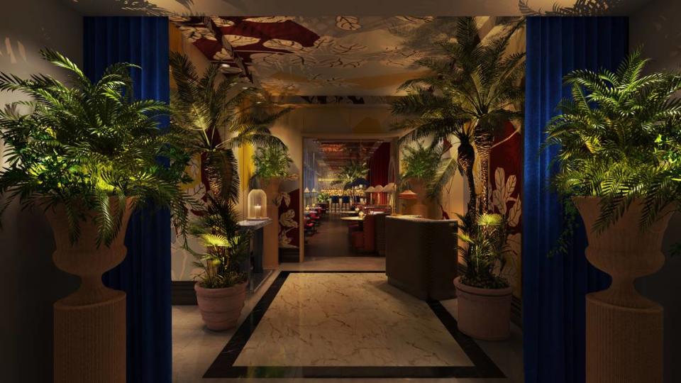 Rendering shows the entrance to Mirabella at the Fontainebleau. David Collins Studio