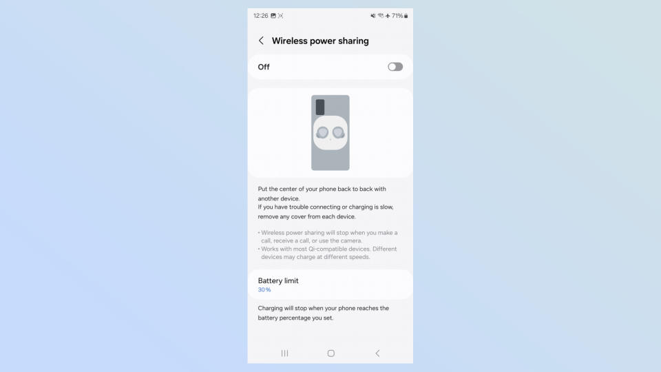 Screen shot of wireless power sharing with Galaxy S23.