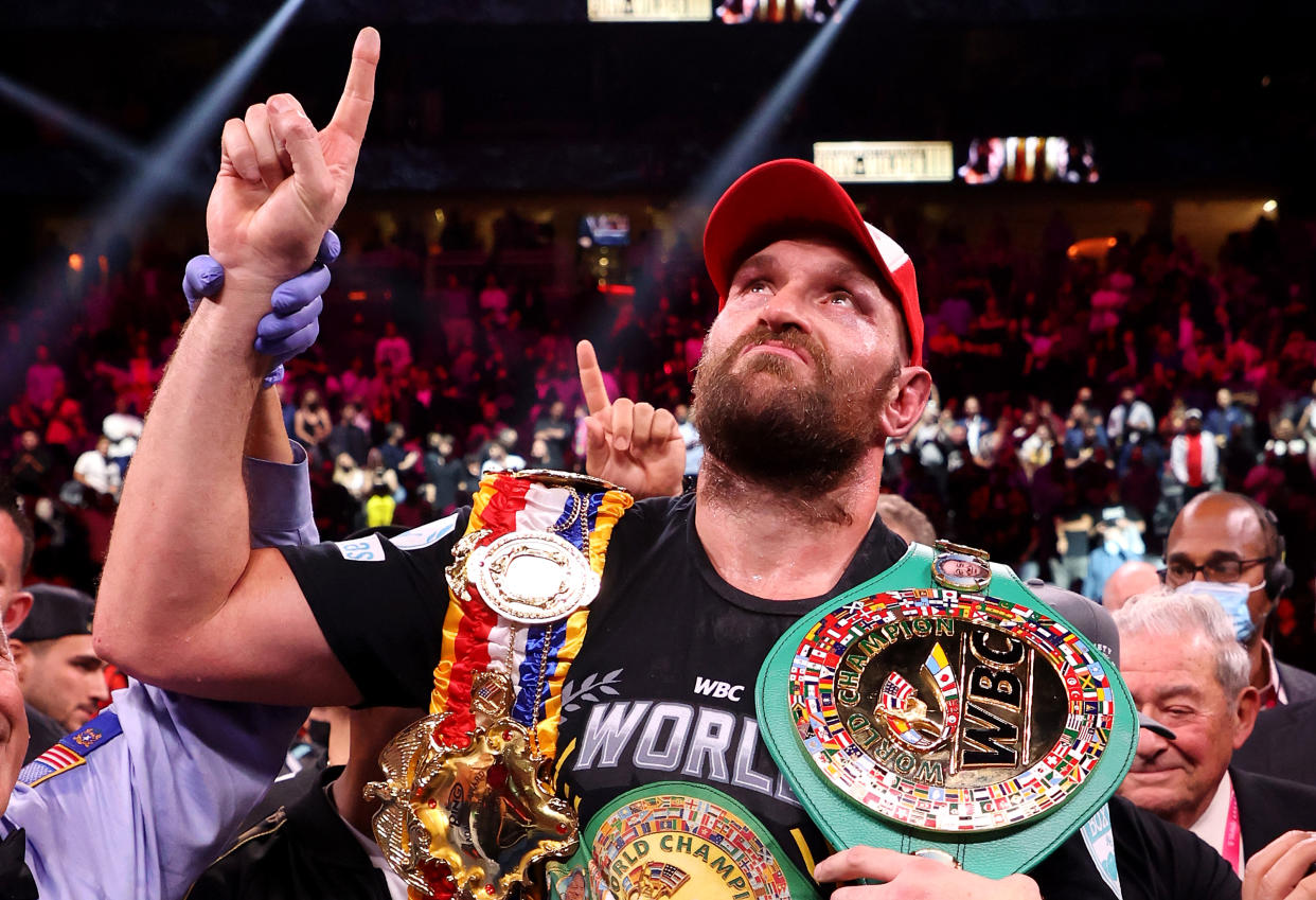 LAS VEGAS, NEVADA - OCTOBER 09: Tyson Fury celebrates his 11th round knock out win against Deontay Wilder after their WBC heavyweight title fight at T-Mobile Arena on October 09, 2021 in Las Vegas, Nevada. (Photo by Al Bello/Getty Images)