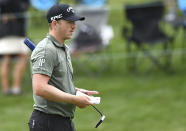 Matt Wallace looks over his line on the 18th green during the second round of the Wells Fargo Championship golf tournament at Quail Hollow Club in Charlotte, N.C., Friday, May 7, 2021. (Jeff Siner/The Charlotte Observer via AP)