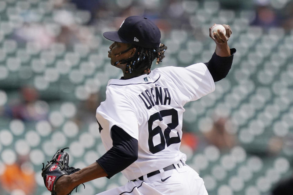 Detroit Tigers starting pitcher Jose Urena throws during the first inning of the first baseball game of a doubleheader against the Minnesota Twins, Saturday, July 17, 2021, in Detroit. (AP Photo/Carlos Osorio)