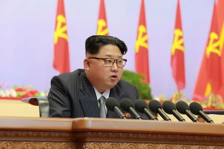 North Korean leader Kim Jong Un speaks during the first congress of the country's ruling Workers' Party in 36 years, in this photo released by North Korea's Korean Central News Agency (KCNA) in Pyongyang May 6, 2016. KCNA/via Reuters