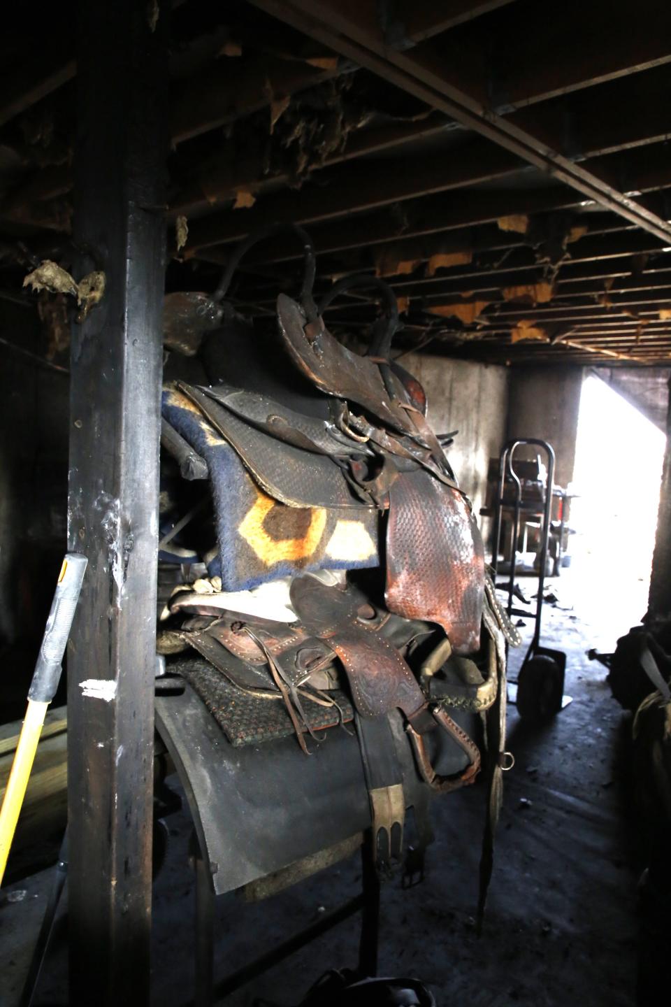 A pair of saddles stored in the basement of the Green family home survived a Dec. 11 fire, but they were severely damaged.