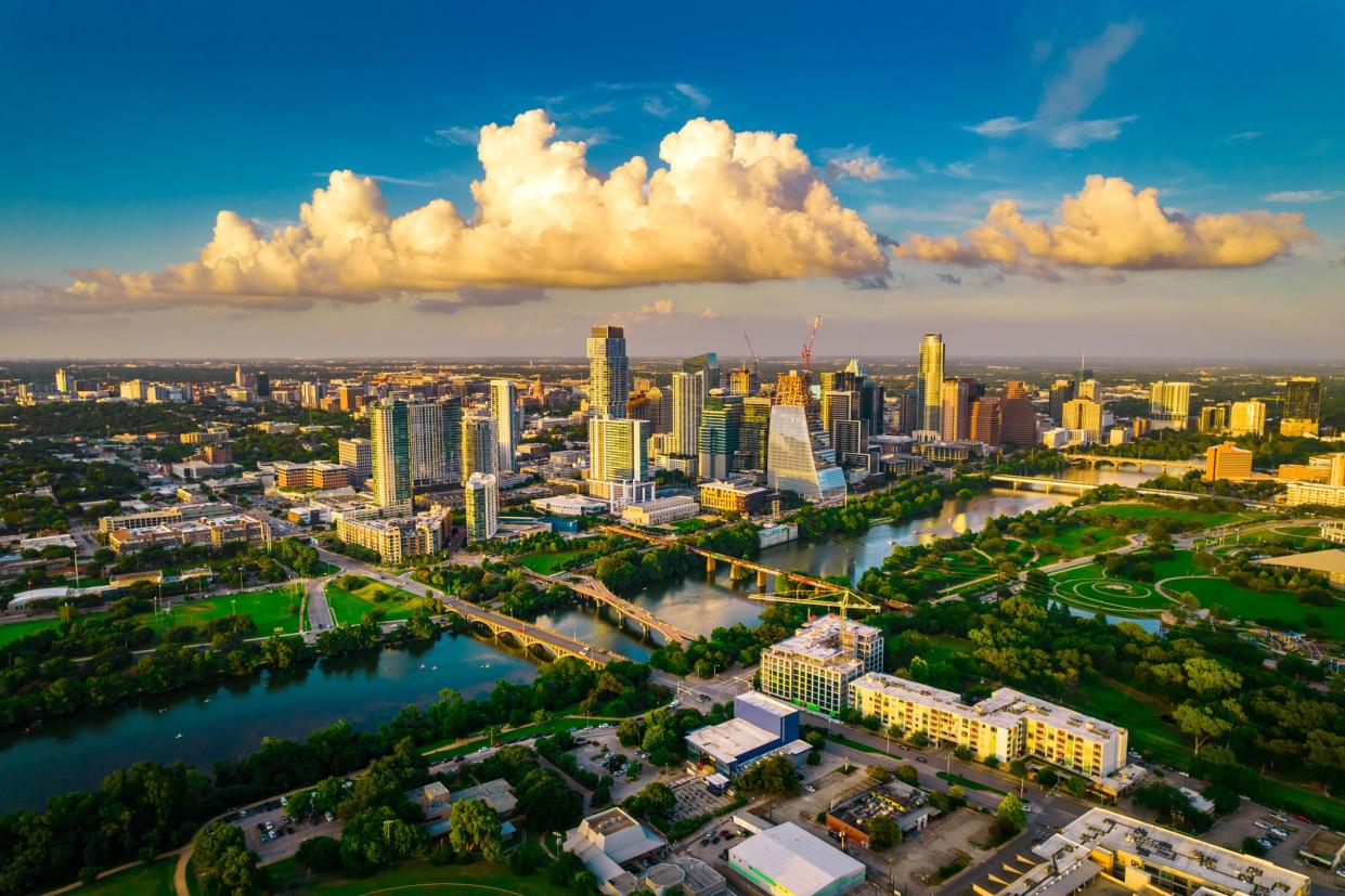 Perfect Golden Hour Cityscape view high above Austin Texas Skyline