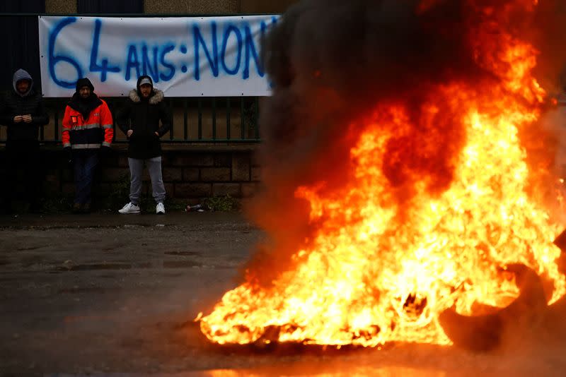 French energy workers on strike gather with dockers in the port of Saint-Nazaire