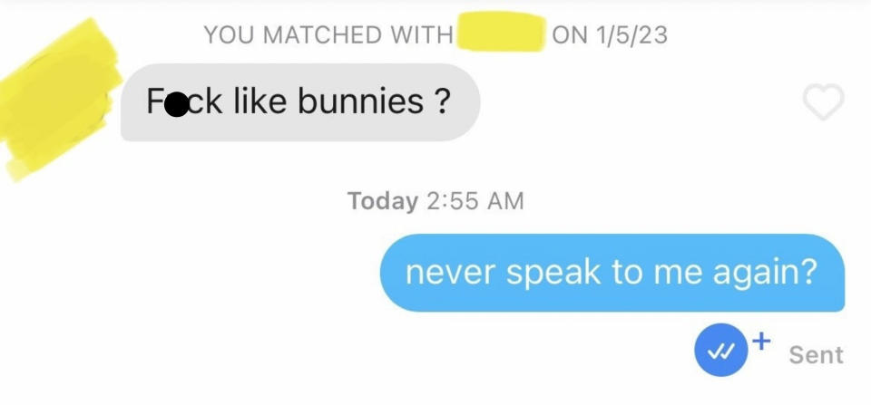 Someone opens conversation by saying "fuck like bunnies?" and the other person replies "never speak to me again?"