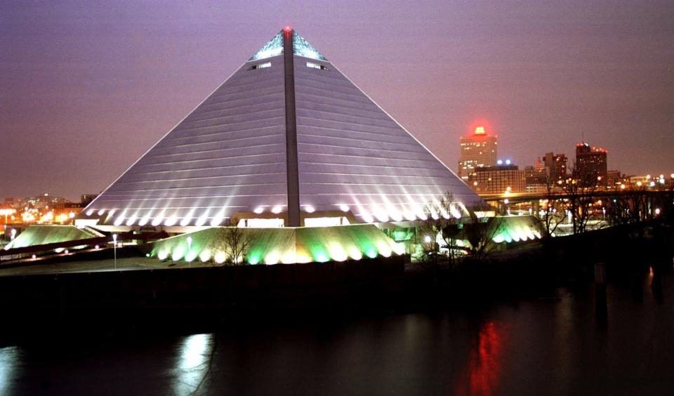 FILE - The Memphis, Tenn., skyline is dominated by the Memphis Pyramid, an arena that sits on the Mississippi River, shown in this February 1999 image. Some of the largest U.S. cities challenging their 2020 census numbers aren't getting the results they hoped for from the U.S. Census Bureau. (AP Photo/Mark Humphrey, File)