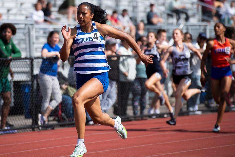 Spring Grove's Laila Campbell sprints to a first-place finish in the 100-meter dash (11.67) during the YAIAA Track and Field Championships at Central York High School on May 10, 2023. Campbell also took home gold in the 200-meter dash (23.77).