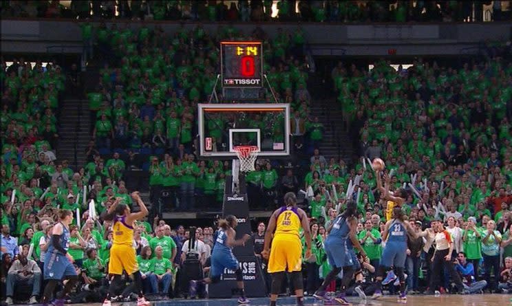 A screenshot of Nneka Ogwumike's jump shot appears to show the ball still in her hands as the shot clock expires.