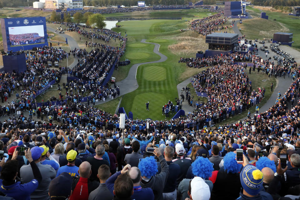 General view of the 1st hole as players start their fourball match on the opening day of the 2018 Ryder Cup at Le Golf National in Saint-Quentin-en-Yvelines, outside Paris, France, Friday, Sept. 28, 2018. (AP Photo/Laurent Cipriani)