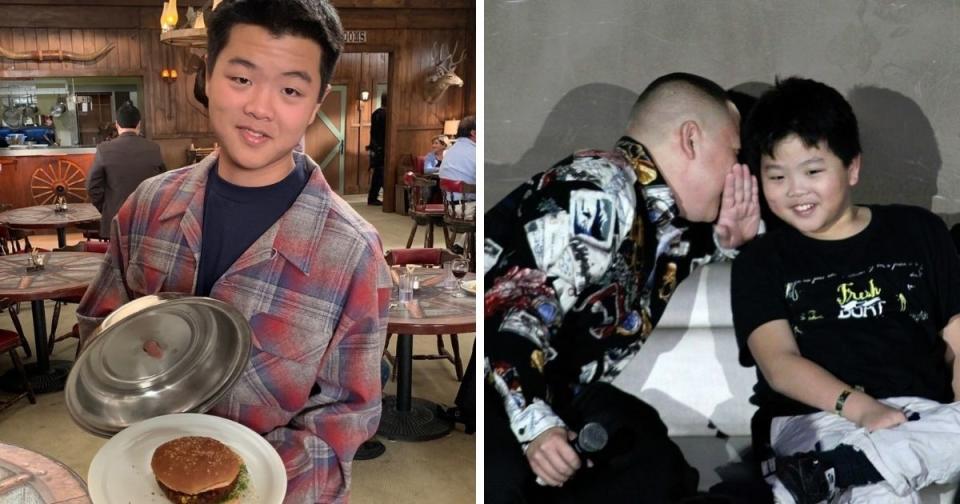 Eddie Huang is portrayed by Hudson Yang (left). The picture on the right shows Eddie Huang and Hudson Yang at a panel discussing “Fresh Off the Boat”. (Photos courtesy of @freshofftheboatabc and @mreddiehuang/Instagram