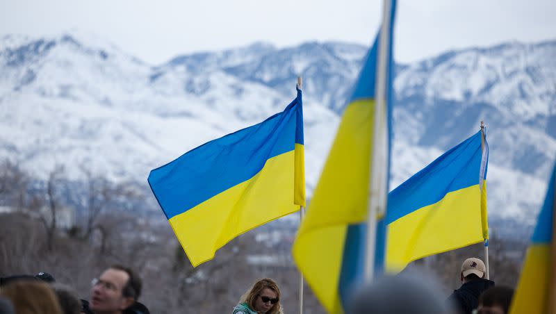 Ukrainian flags were on display during a rally commemorating the one-year anniversary of the Ukraine-Russia war, at the Capitol in Salt Lake City on Saturday, Feb. 25, 2023.