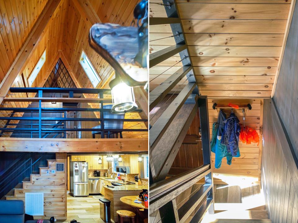 Side by side of stairs, Joey Hadden, " I spent 2 nights in a cozy A-frame cabin for the first time while visiting the Great Smoky Mountains"