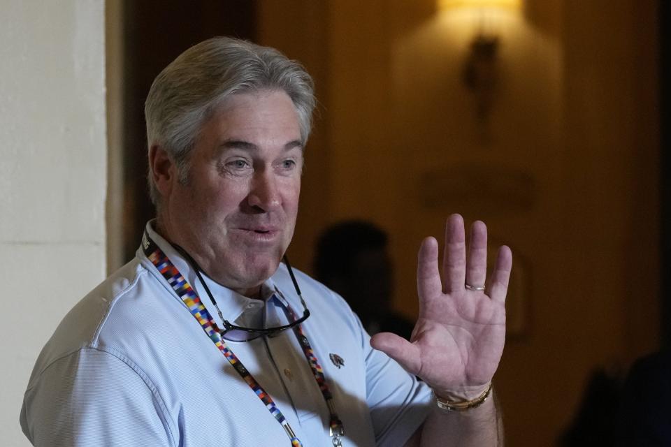 Jacksonville Jaguars football team head coach Doug Pederson speaks to journalists at a coaches press availability during the NFL owner's meeting, Monday, March 28, 2022, at The Breakers resort in Palm Beach, Fla. (AP Photo/Rebecca Blackwell)