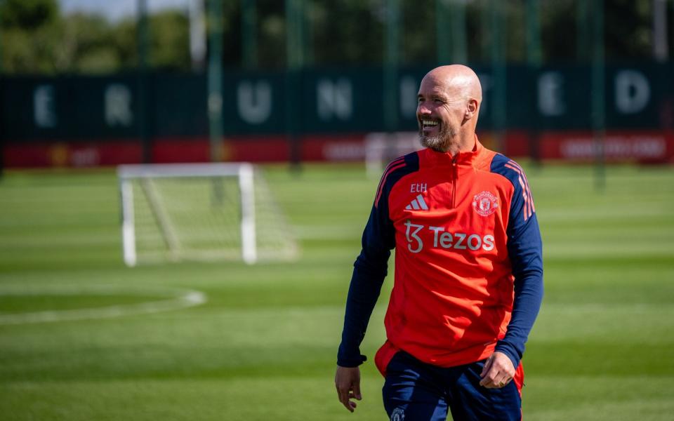 Manager Erik ten Hag of Manchester United in action during a first team training session at Carrington Training Ground on July 08, 2024 in Manchester, England