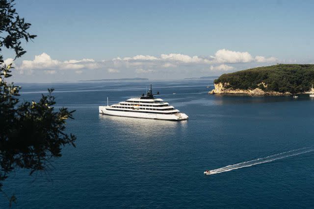 <p>Marco Argüello</p> The 50-suite Emerald Azzurra, at anchor near Parga, Greece, on the Ionian Sea.