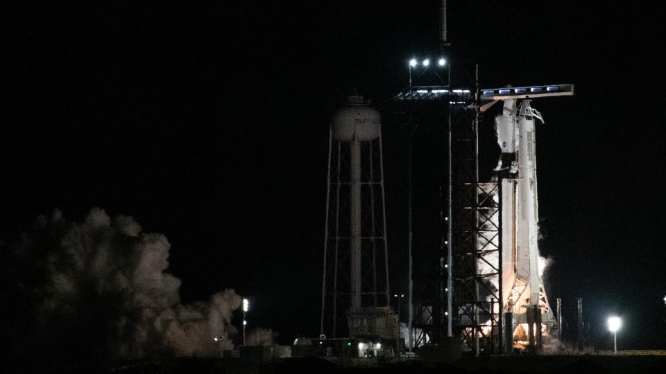 SpaceX performs a static fire of its Falcon 9 rocket Feb. 24, 2023 ahead of the Crew-6 launch.