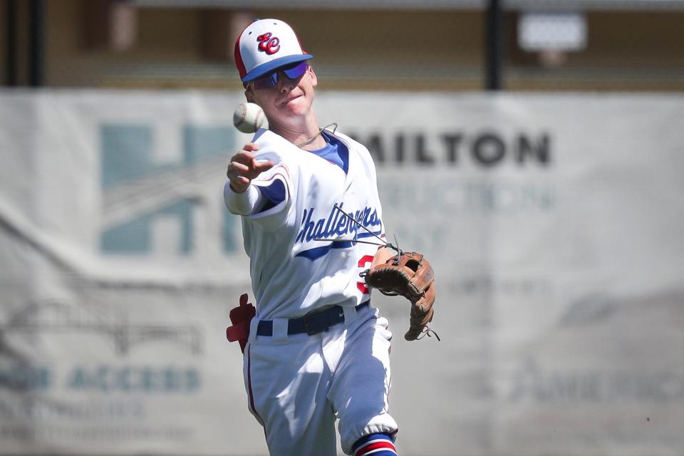 Brock Johnson throws to first base for an out as the Emerald Challengers host the Portland Barbers in the Oregon American Legion Baseball AAA State Tournament on July 26 at Swede Johnson Stadium in Eugene.