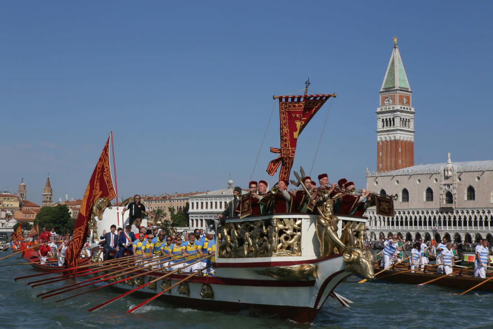 A general view of the Sensa procession in Bacino Saint’s Mark on May 8, 2016 in Venice, Italy. The festival of la Sensa is held in May on the Sunday after Ascension Day and follows a reenactment of the traditional ceremony where the Doge enacted the wedding of Venice to the sea. (Awakening/Getty Images)