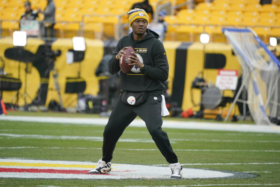 FILE - Pittsburgh Steelers quarterback Dwayne Haskins (3) warms up before an NFL football game against the Tennessee Titans, Sunday, Dec. 19, 2021, in Pittsburgh.Haskins was killed in an auto accident Saturday, April 9, 2022, in Florida. Haskins' death was confirmed by the Steelers. (AP Photo/Gene J. Puskar, File)