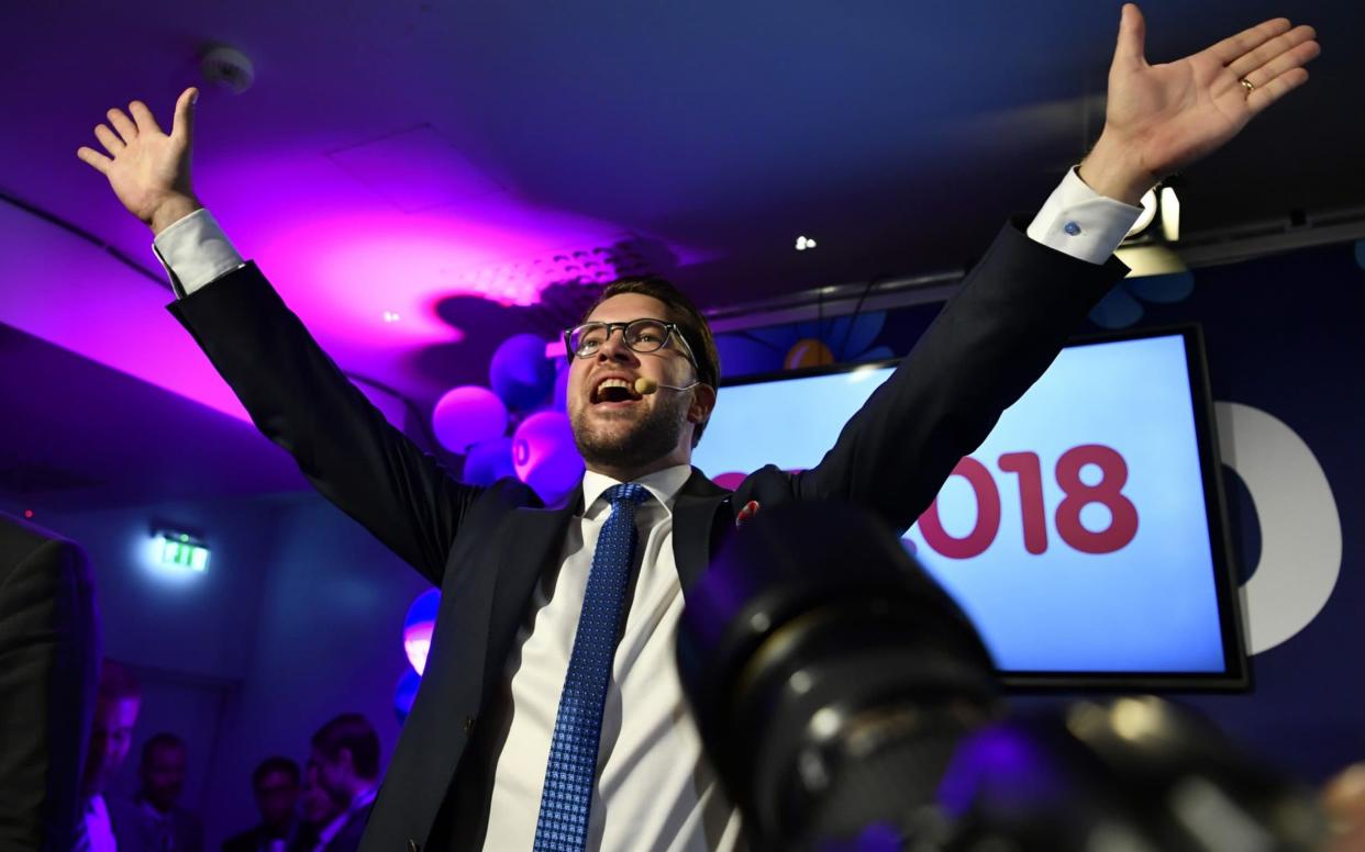 Jimmie Akesson, leader of Sweden Democrats, celebrates his party's success  - Bloomberg