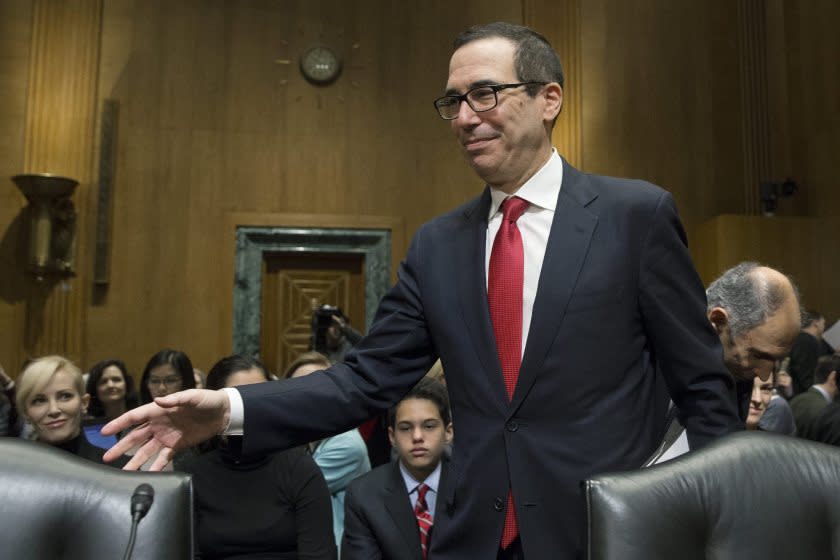 Treasury Secretary nominee Steven Mnuchin arrives to testify at his confirmation hearing by the Senate Finance Committee on Jan. 19.