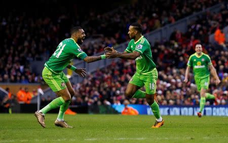 Football Soccer - Liverpool v Sunderland - Barclays Premier League - Anfield - 6/2/16 Jermain Defoe celebrates scoring the second goal for Sunderland Reuters / Phil Noble Livepic