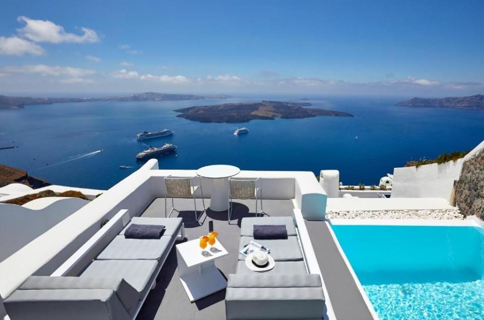 <p>Down the coast from Oia in Imerovigli, <a href="https://www.booking.com/hotel/gr/dreams-luxury-suites.en-gb.html?aid=2200764&label=best-hotels-santorini" rel="nofollow noopener" target="_blank" data-ylk="slk:Dreams Luxury Suites;elm:context_link;itc:0;sec:content-canvas" class="link ">Dreams Luxury Suites</a> is another for the Cycladic-architecture fans: cave-like suites with curved ceilings, whitewashed arches, cliff-edge pools and precarious staircases. Every room overlooks the caldera, with freshwater plunge pools or Jacuzzis, lantern-lit patios and beach bags helpfully already stocked with towels. </p><p>In the unlikely event you tire of that view, the concierge can arrange wine tastings of Santorini’s finest, diving, horse-riding and sailing trips – or follow the cliff path all the way to Fira, the island’s capital, in one direction, and towards Oia in the other.</p><p><a class="link " href="https://www.booking.com/hotel/gr/dreams-luxury-suites.en-gb.html?aid=2200764&label=best-hotels-santorini" rel="nofollow noopener" target="_blank" data-ylk="slk:CHECK AVAILABILITY;elm:context_link;itc:0;sec:content-canvas">CHECK AVAILABILITY</a></p>