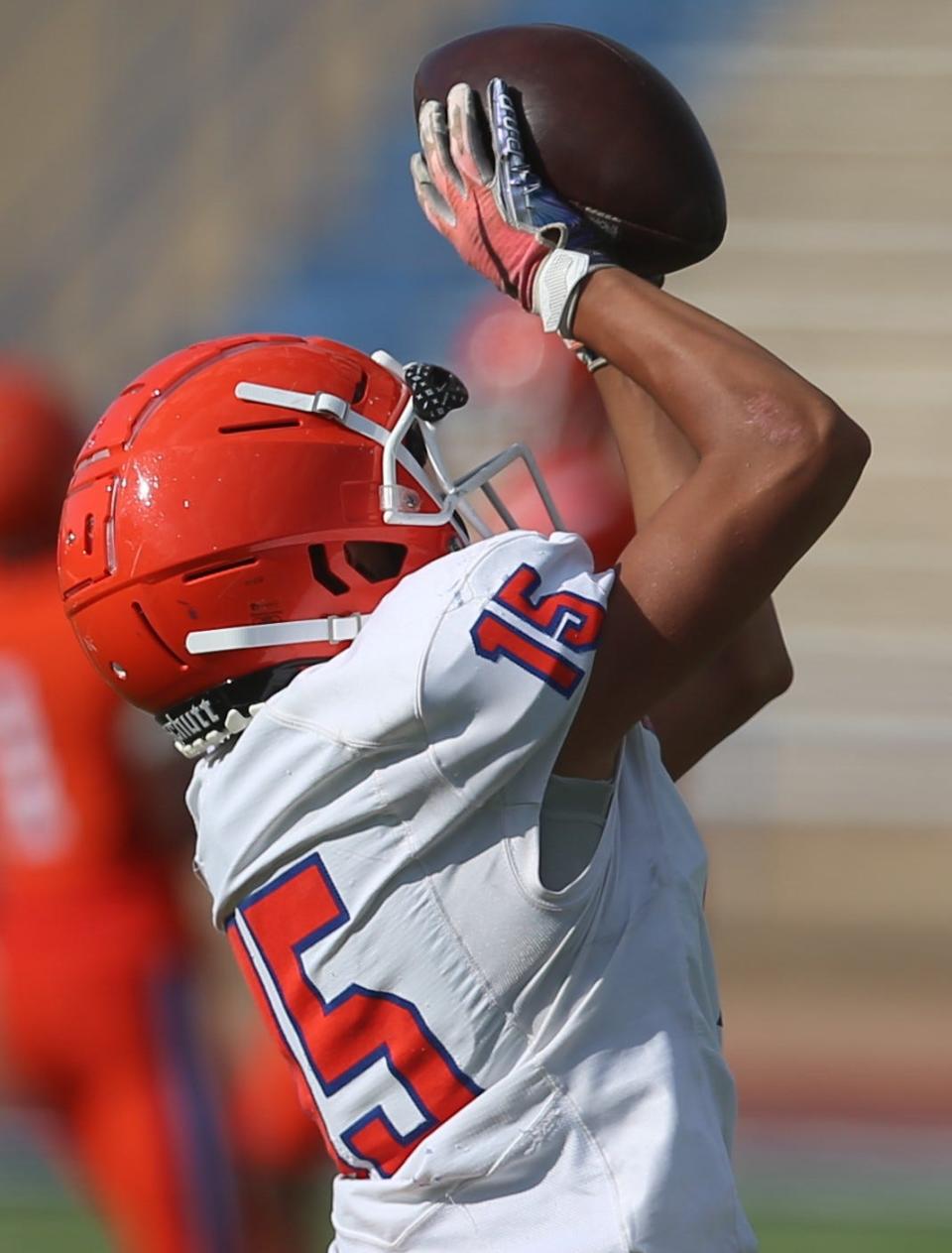 Antonio Casarez makes a reception during San Angelo Central High School's spring game at San Angelo Stadium on Wednesday, May 18, 2022.