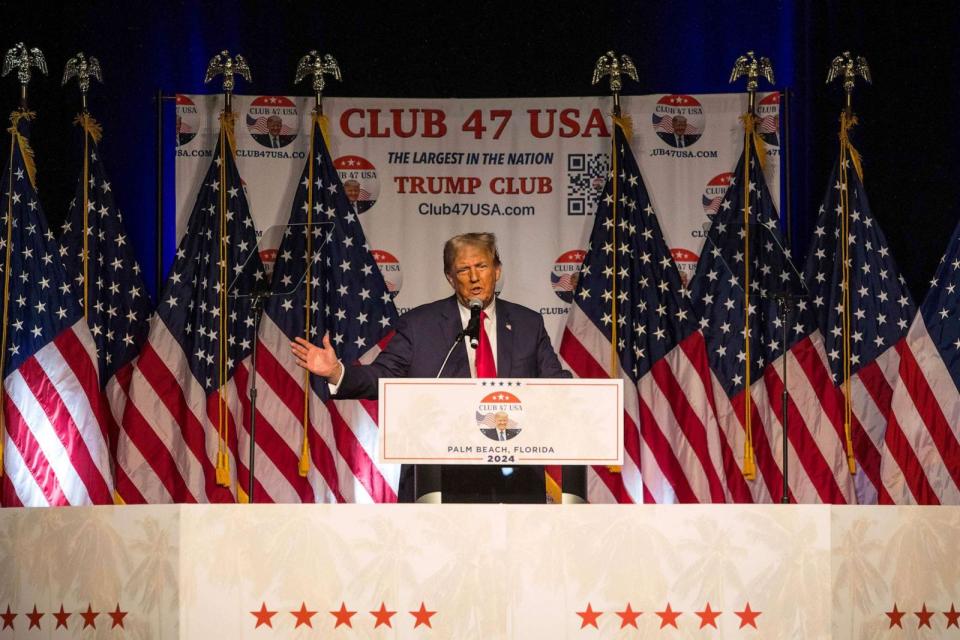 PHOTO: Former president Donald Trump, speaks at a Club 47 USA event in West Palm Beach, Florida on October 11, 2023. (Saul Martinez/The Washington Post via Getty Images)