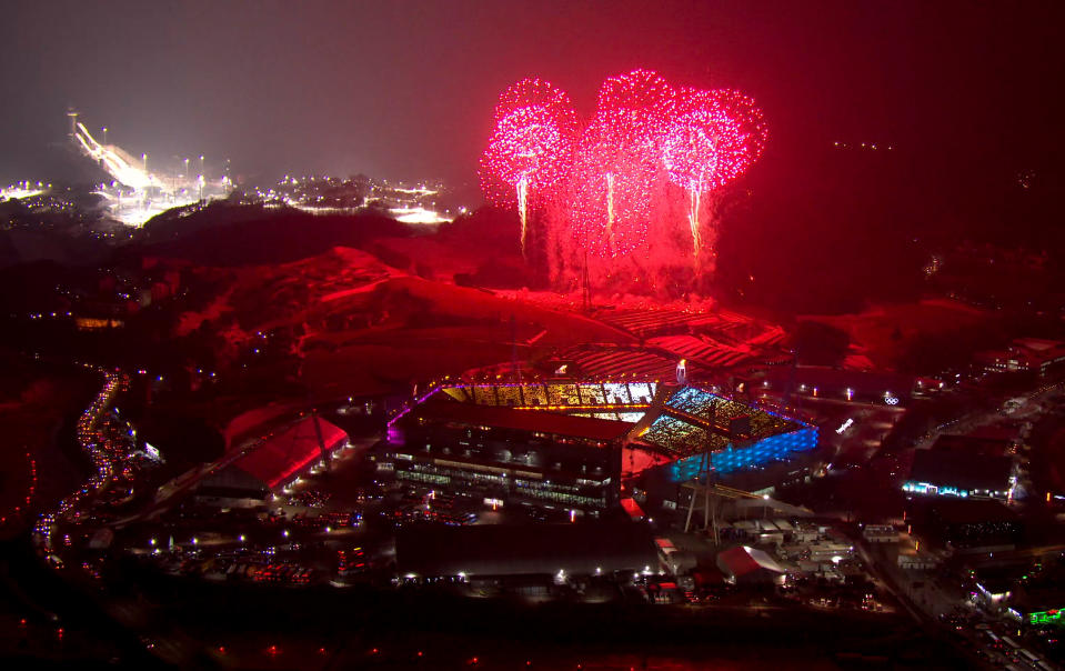 <p>This pool video grab shows fireworks going off during the opening ceremony of the Pyeongchang 2018 Winter Olympic Games at the Pyeongchang Stadium on February 9, 2018. / AFP PHOTO / POOL / OBS-IOC </p>