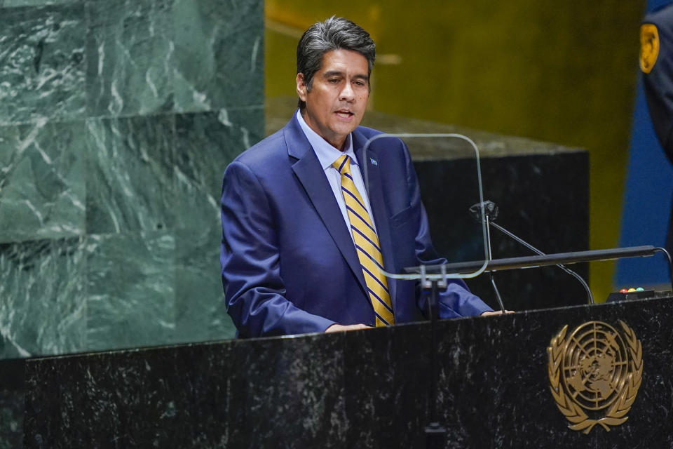 Palau's President Surangel Whipps is seen on a video screen as addresses the 76th Session of the United Nations General Assembly remotely, Tuesday, Sept. 21, 2021 at U.N. headquarters. (AP Photo/Mary Altaffer, Pool)