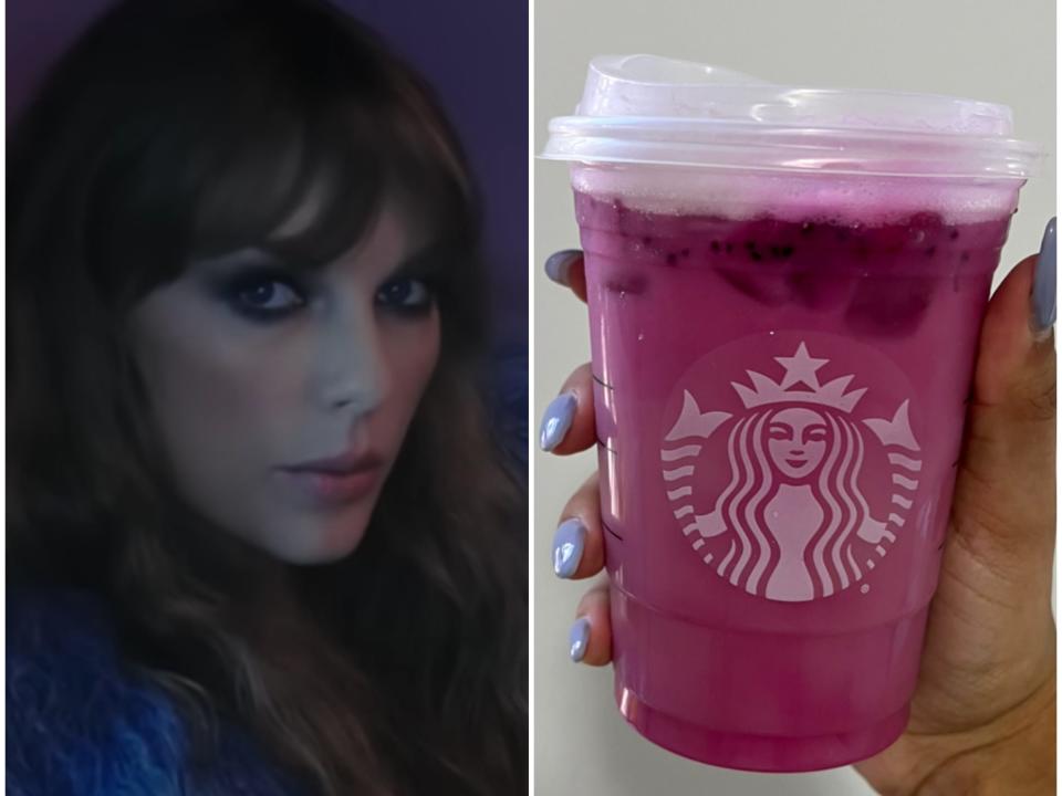 taylor swift lavender haze music video, split screen of lavender haze starbucks secret menu drink