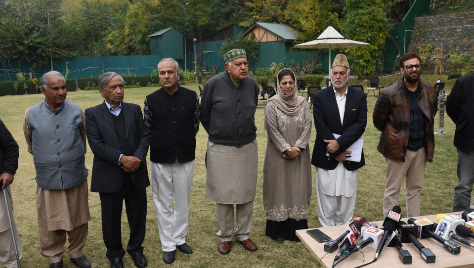 National Conference President and Member of Parliament Farooq Abdullah and others at the residence of Peoples Democratic Party (PDP) President and former Chief Minister Mehbooba Mufti during a meeting on October 24, 2020 in Srinagar. (Photo by Waseem Andrabi/Hindustan Times via Getty Images)