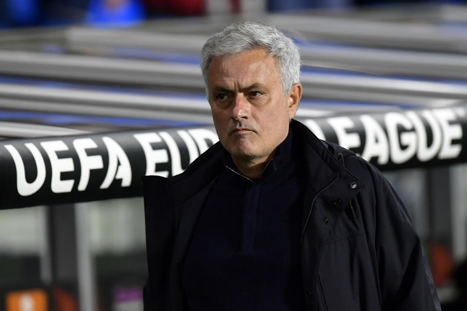 Roma's head coach Jose Mourinho walks in his coaching zone during the Europa League round of 16 second leg soccer match between Real Sociedad and Roma at the Reale Arena in San Sebastian, Spain, Thursday, March 16, 2023. (AP Photo/Alvaro Barrientos)