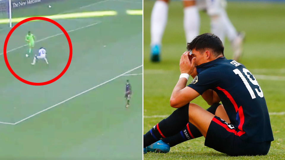 Pictured left, David Ochoa's big mistake that left American players distraught after the match.