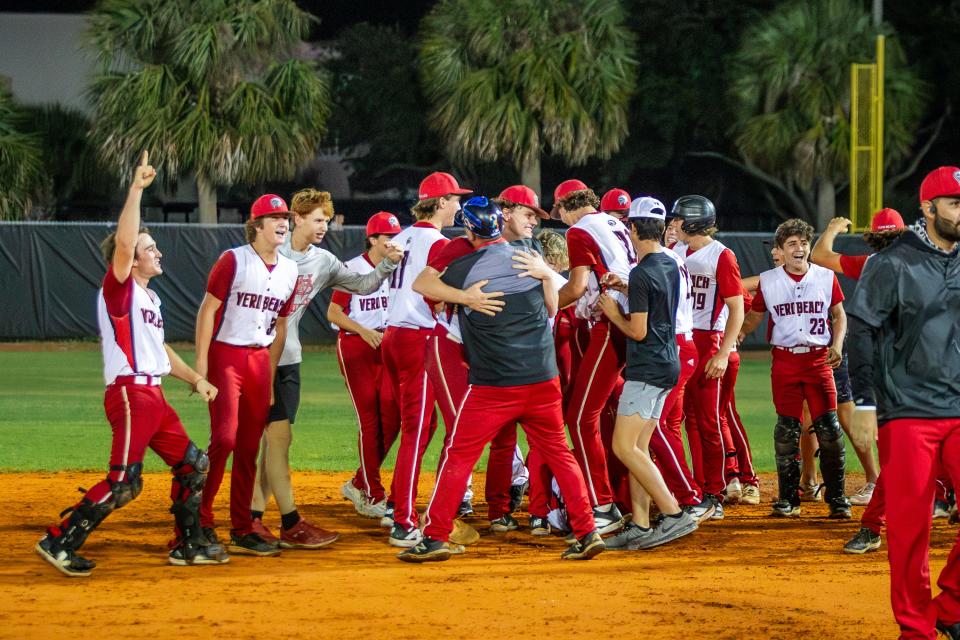 Vero Beach celebrates a 13-3 win against Harmony, advancing them to State for the first time in 21 years in a high school baseball Region 3-7A final Monday, May 13, 2024, at Vero Beach High School.