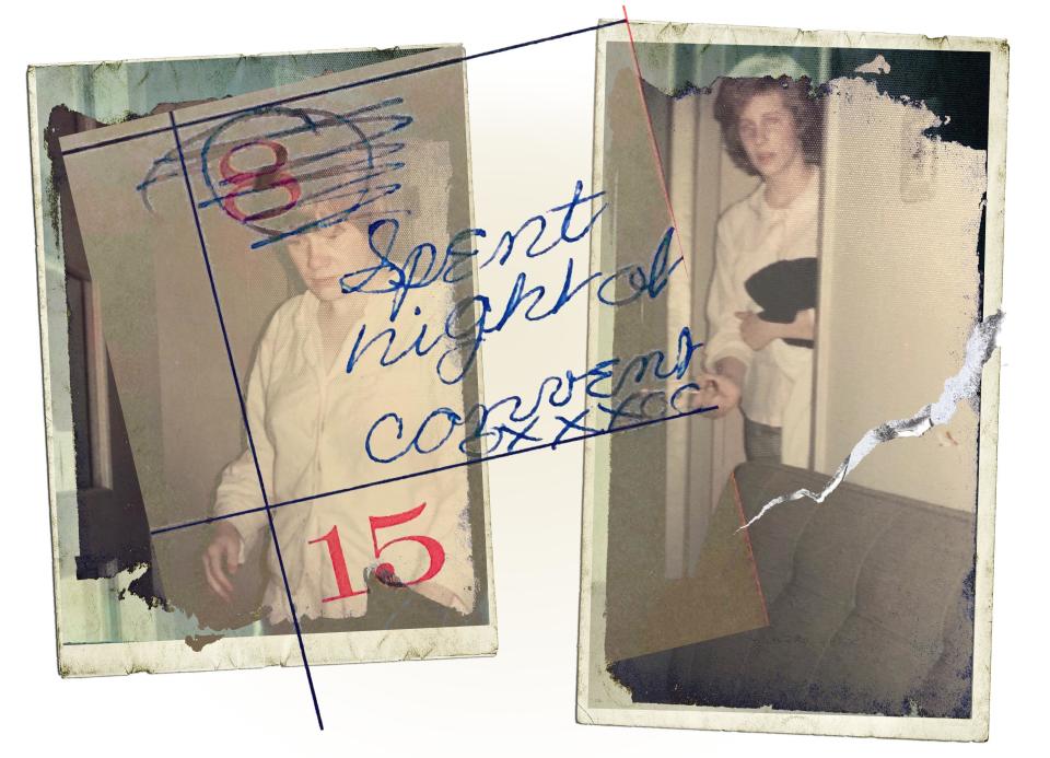 A photo illustration shows Judith Fisher (left) and Anne Gleeson preparing for bed inside Fisher's convent. Superimposed on the photo is an entry from Gleeson's calendar that reads, "Spent night at convent OXXXOO." (Photo: Illustration: Damon Dahlen/HuffPost; Photos: Anne Gleeson)