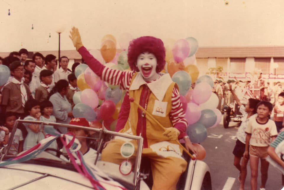 Andrew Kong as Ronald McDonald at the ECP McDonald's grand opening in 1982 (PHOTO: Andrew Kong)