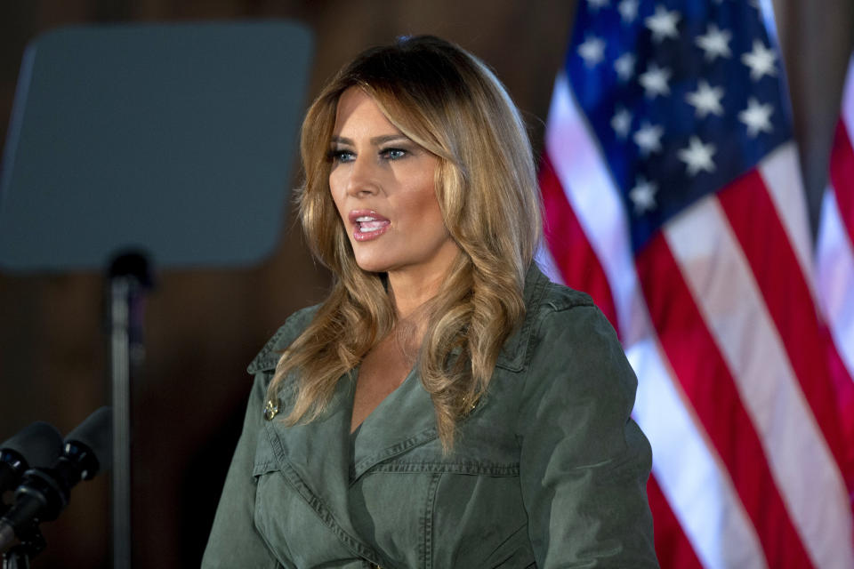 First lady Melania Trump speaks during a campaign rally on Tuesday, Oct. 27, 2020, in Atglen, Pa. (AP Photo/Laurence Kesterson)