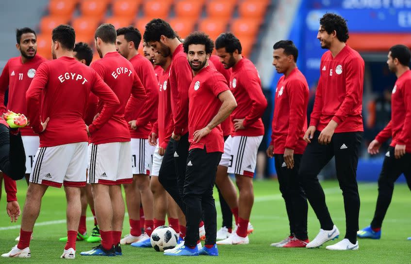 <p>Mo Salah trains with his Egypt teammates on June 14 ahead of the African side’s first match in Russia. (Rex) </p>