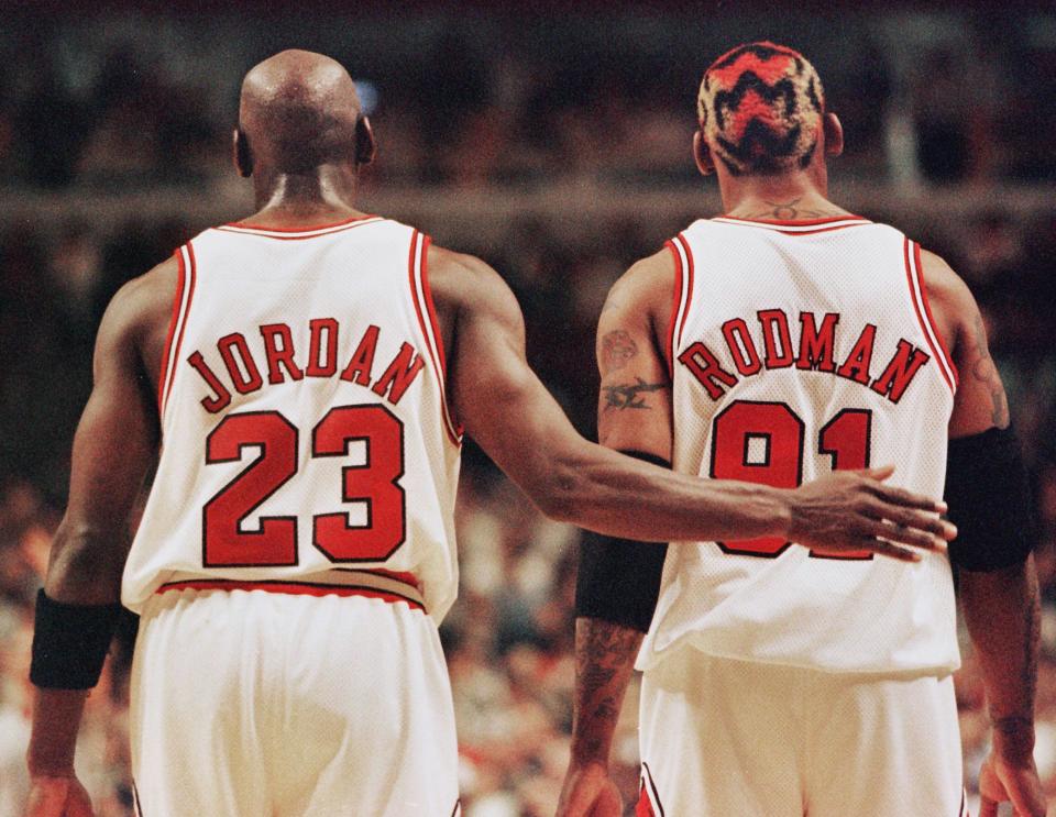 Michael Jordan had to travel to Las Vegas to bring Dennis Rodman back to the Chicago Bulls. (Jeff Haynes/AFP via Getty Images)