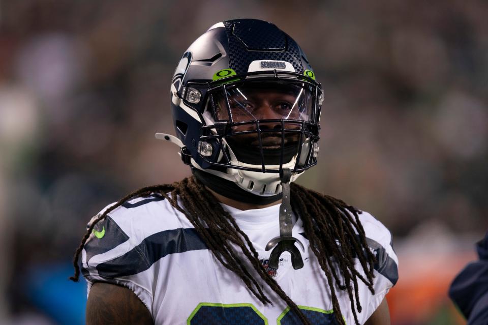 Seattle Seahawks defensive end Jadeveon Clowney (90) looks on during an NFL wild-card playoff football game against the Philadelphia Eagles, Sunday, Jan. 5, 2020, in Philadelphia. Seattle won 17-9. (AP Photo/Chris Szagola)