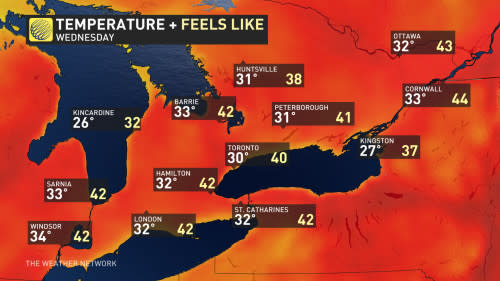 Wednesday southern Ontario and Quebec temperatures and feels like_June 18